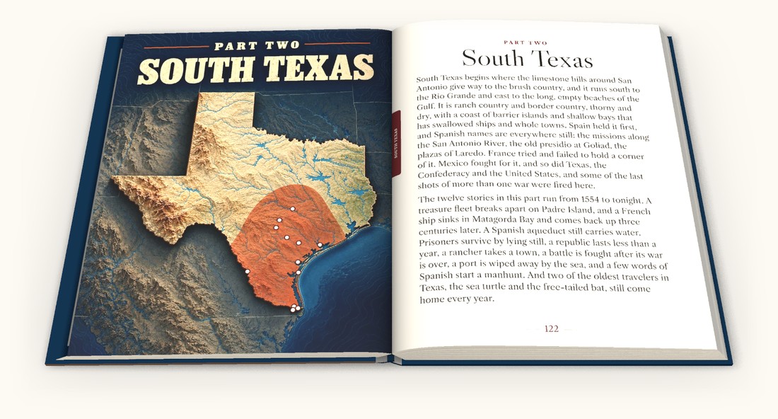 An open copy of the book: the South Texas part opener, a relief map of Texas beside the part’s introduction
