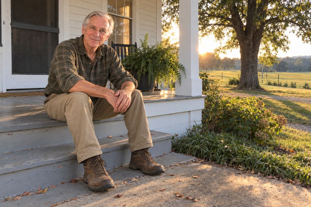 Walt Haskins sitting on the steps of an old farmhouse in the evening sun